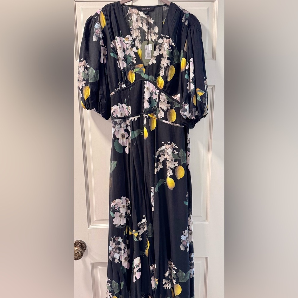All Saints Black Floral Asymmetrical Dress with Yellow Accents - Picture 2 of 7